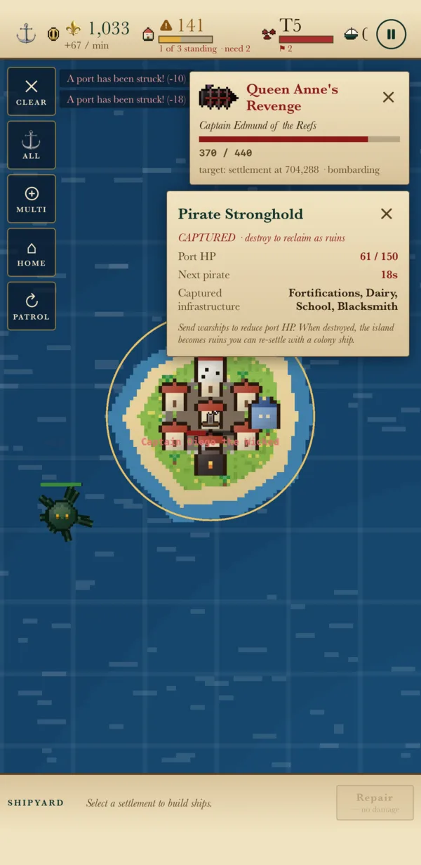 A captured pirate stronghold on a small island, with a panel showing port health, the next pirate timer, and the captured infrastructure: fortifications, dairy, school and blacksmith.