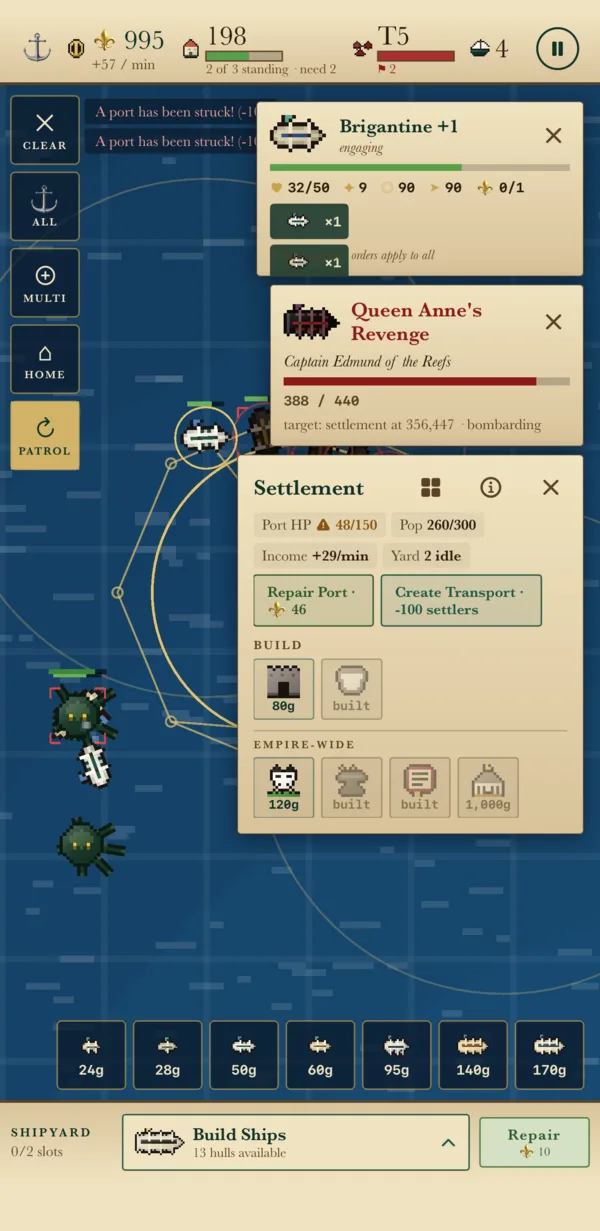 A settlement panel showing port health dropping, population, income per minute and idle shipyard slots, with repair and transport options while a flagship approaches.