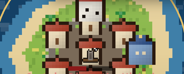Pixel-art settlement on an island: three red-roofed houses, a keep and a blue warehouse on green grass, ringed by pale sand and blue sea.