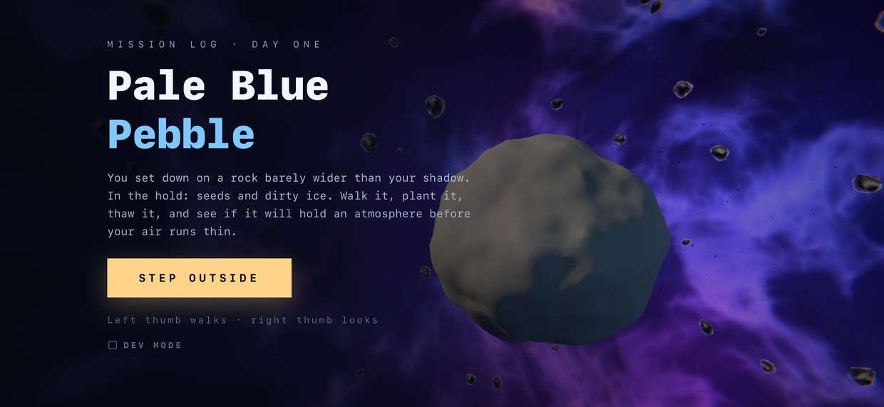 Title screen for Pale Blue Pebble: a small rocky planetoid adrift against a purple nebula, with the game's title over it.