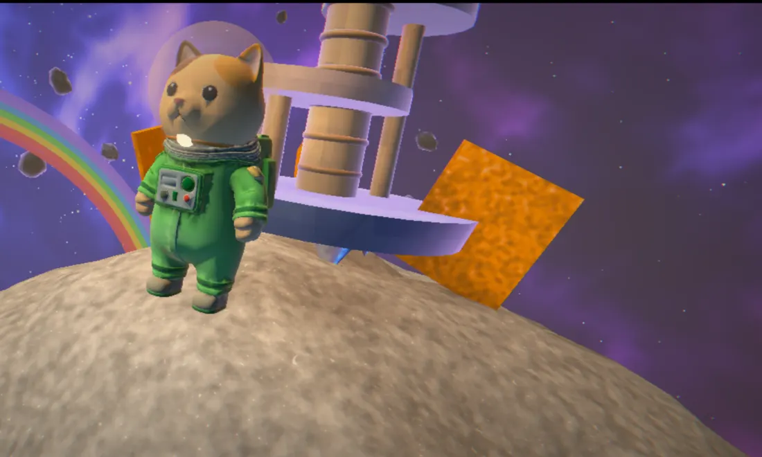 The cat facing the camera in her green suit and glass helmet, standing on bare tan rock with the lander behind her.