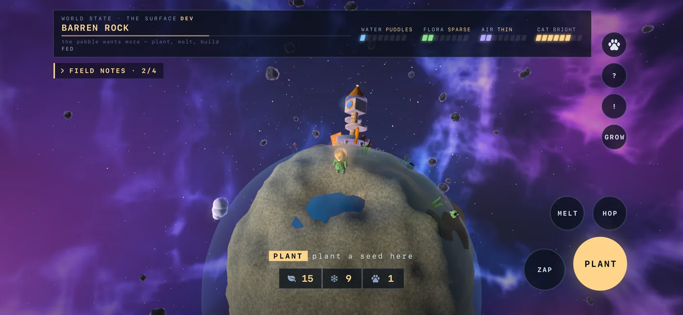 Barren rock: the cat and the lander on a bare tan rock, the first field notes open.