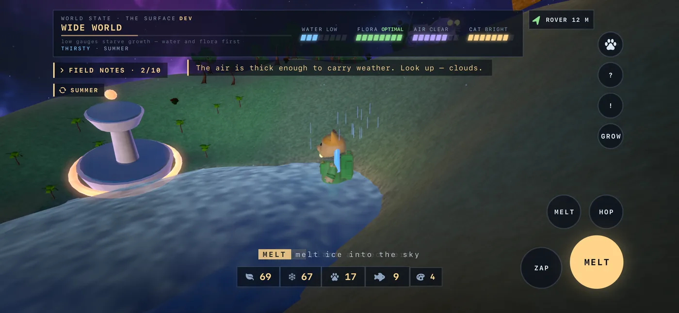 The cat at the edge of a pool beside a glowing lighthouse, the button reading MELT.