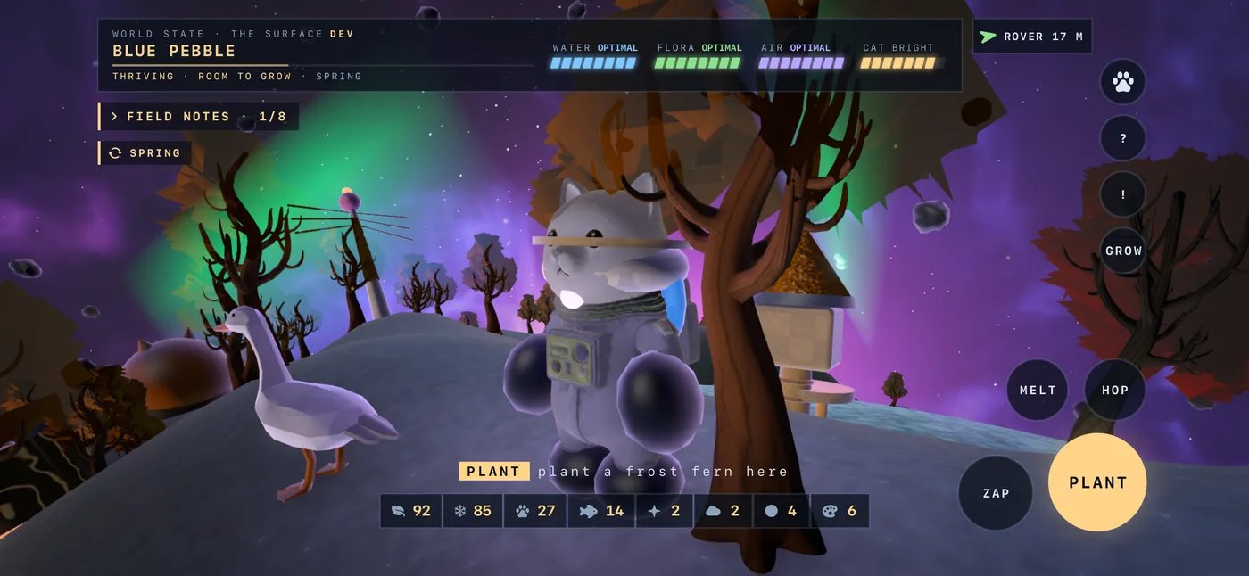 Blue Pebble: autumn trees under a green and pink aurora, the cat and the goose on the slope.