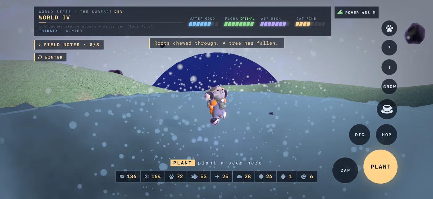 Winter: the cat on white ground under falling snow, a dark blue horizon behind.