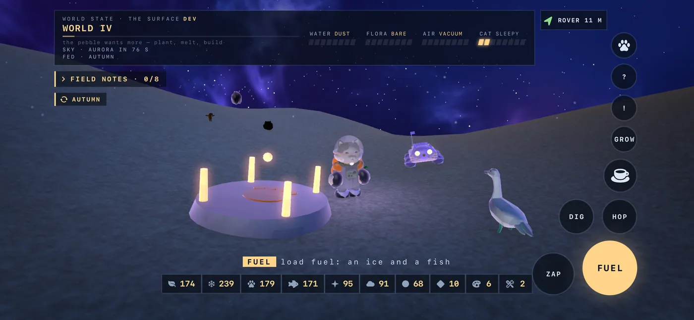 The launch pad lit by four lamps, the cat beside it and the goose looking on, the button reading FUEL.