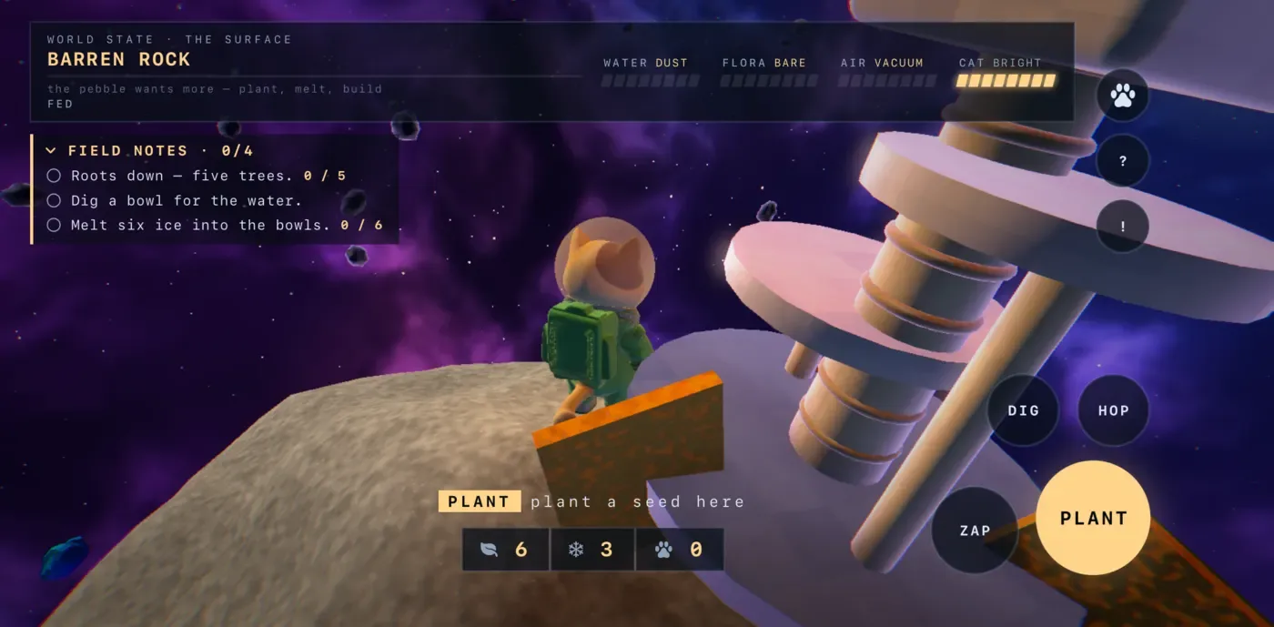 Minute one: a bare tan rock against a purple nebula, the cat beside the lander, three seeds and two blocks of ice in the pack.