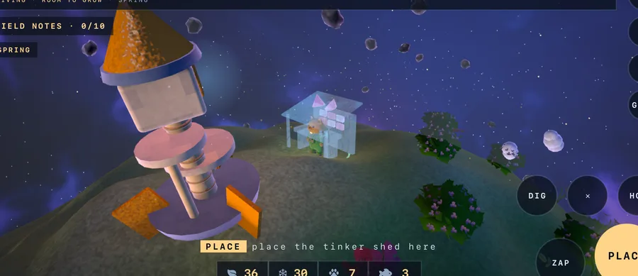 Placing a tinker shed: the blueprint held in place beside the lander, the button reading PLACE.