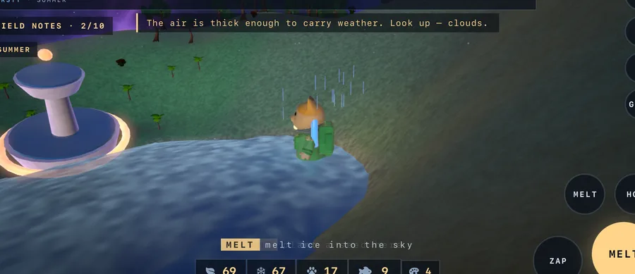 The cat at the edge of a pool beside a lighthouse, the button reading MELT.