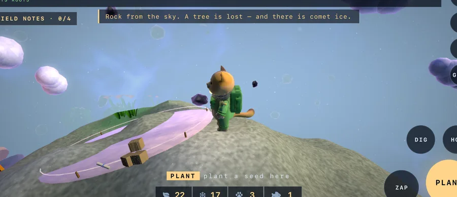 The cat on a ridge beside a fresh beacon and a tent, the first trees taking on the green.