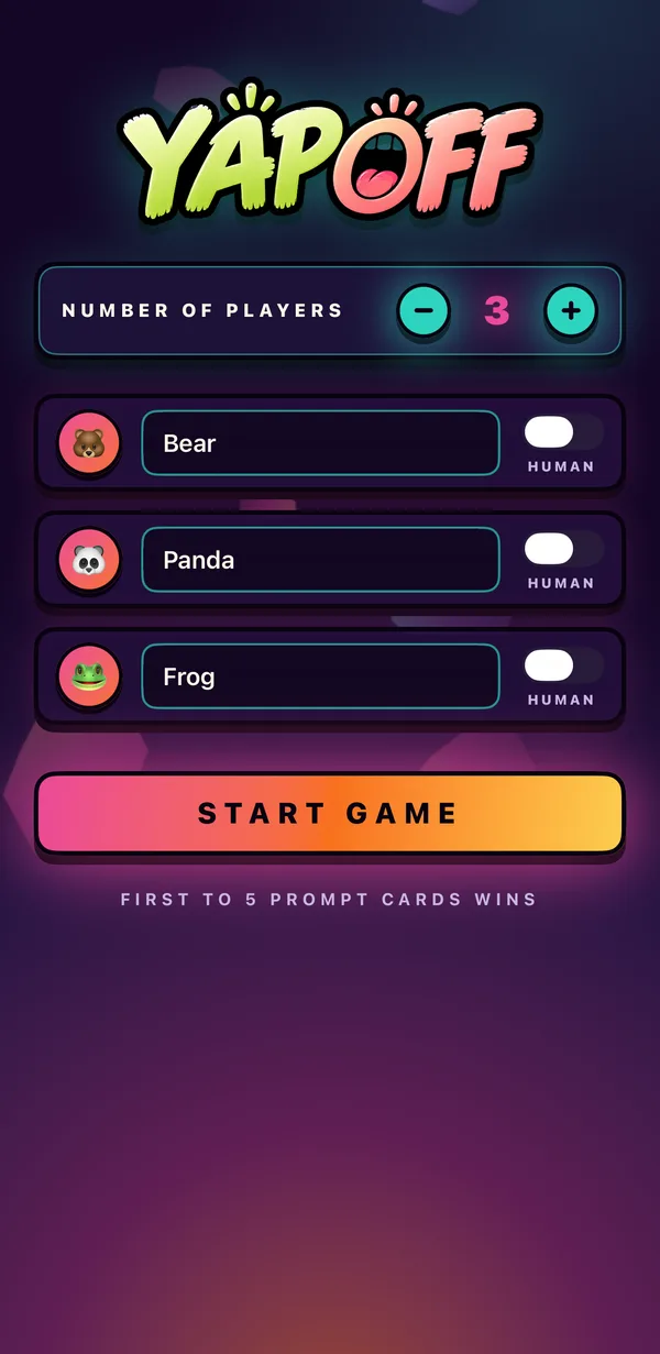 Setup screen: the YapOff logo above a player count of three, with Bear, Panda and Frog each set to Human, a Start Game button, and a note that the first to five prompt cards wins.