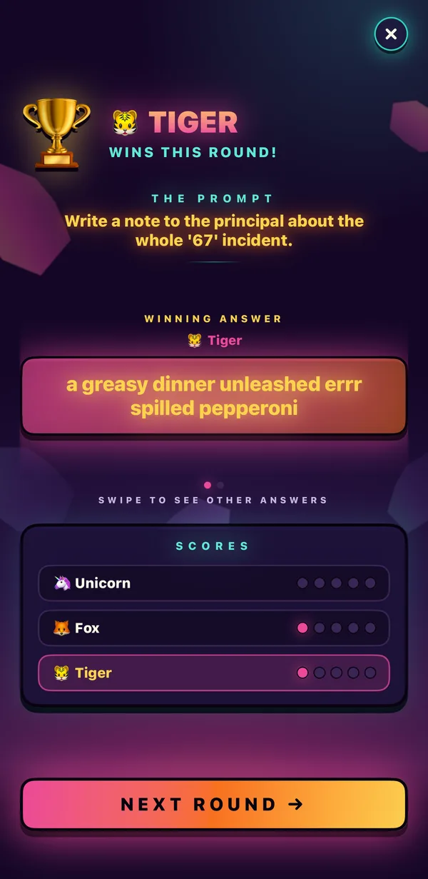 Round result: Tiger wins with &ldquo;a greasy dinner unleashed errr spilled pepperoni&rdquo;, scoreboard showing Fox and Tiger on one point each.